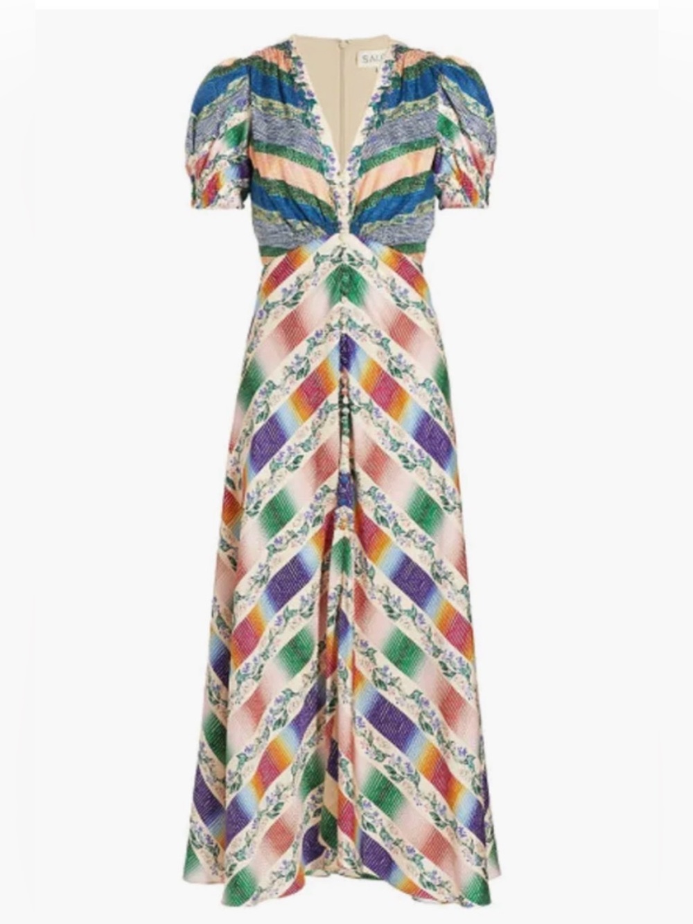 SALONI Multicolor Chevron Floral Silk Satin Maxi Dress with Puff Sleeves